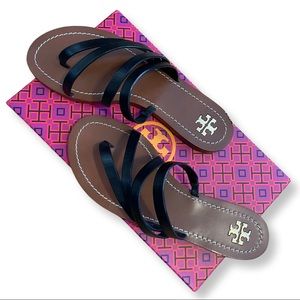 👠 Tory Burch Patos Flat Black Leather Sandal Size 8